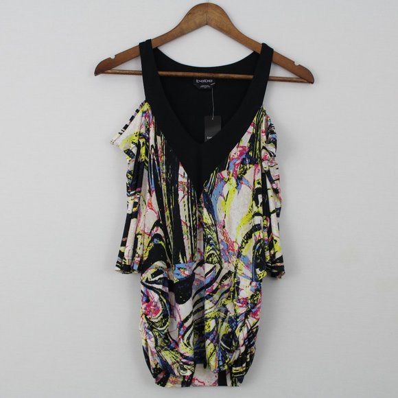 ⬇️$15 Bebe Black & White Cold Shoulder V-Neck Top - Picture 15 of 16